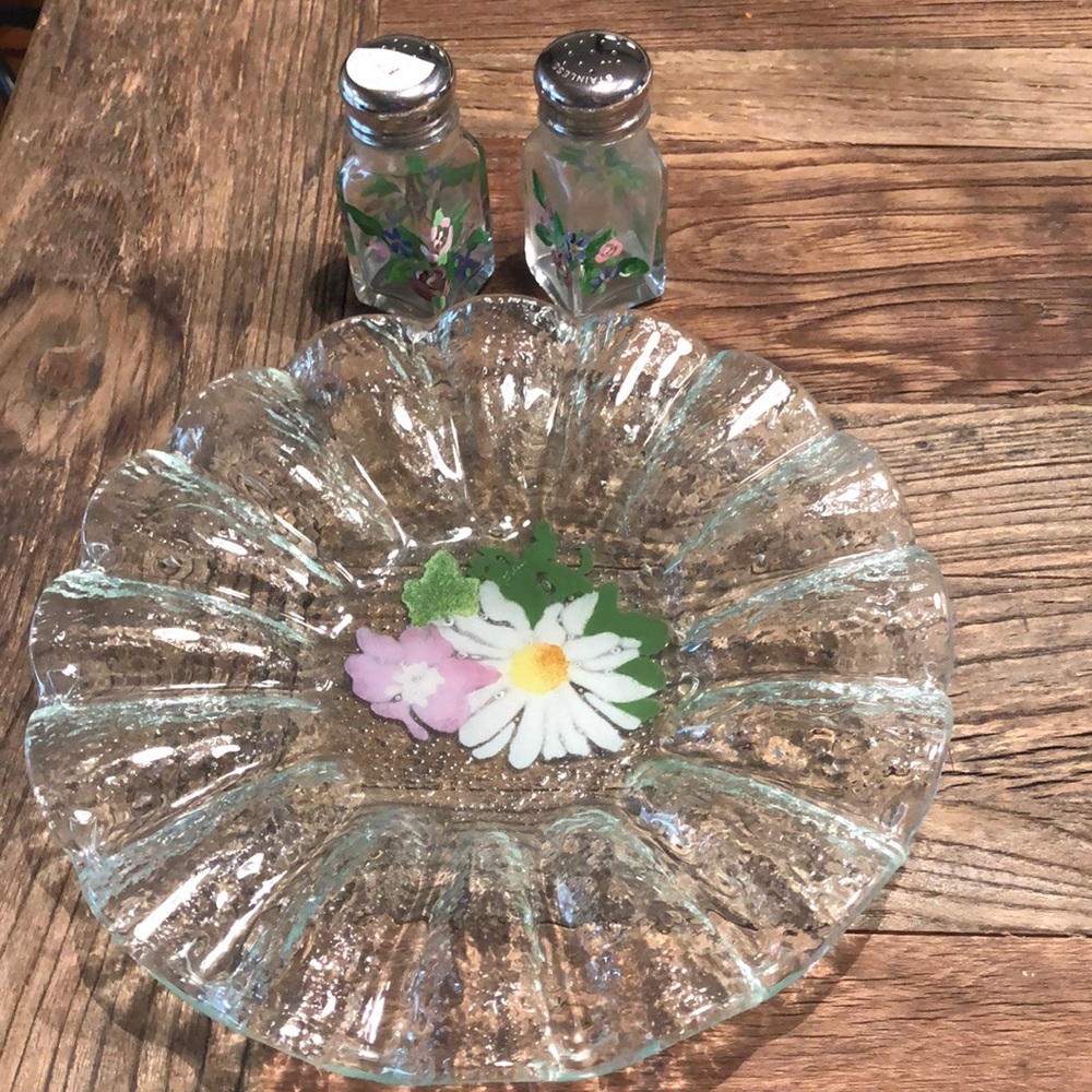 Hand painted blown glass plate and s&p shakers